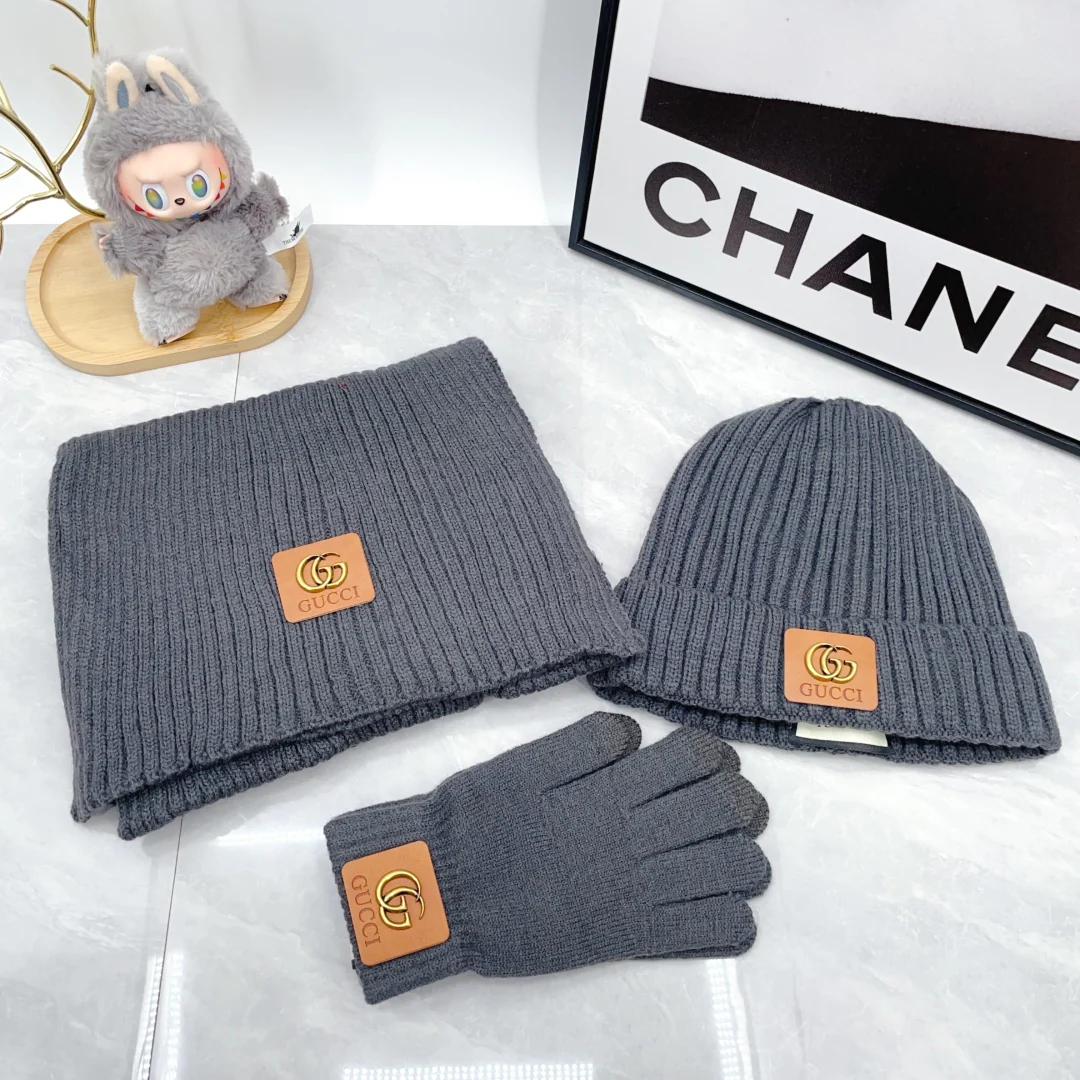 Metal Letters knitted scarf hat gloves set