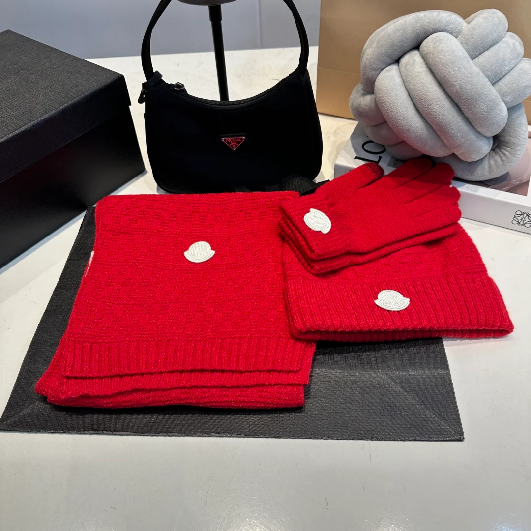 Embroidery knitted scarf hat gloves set