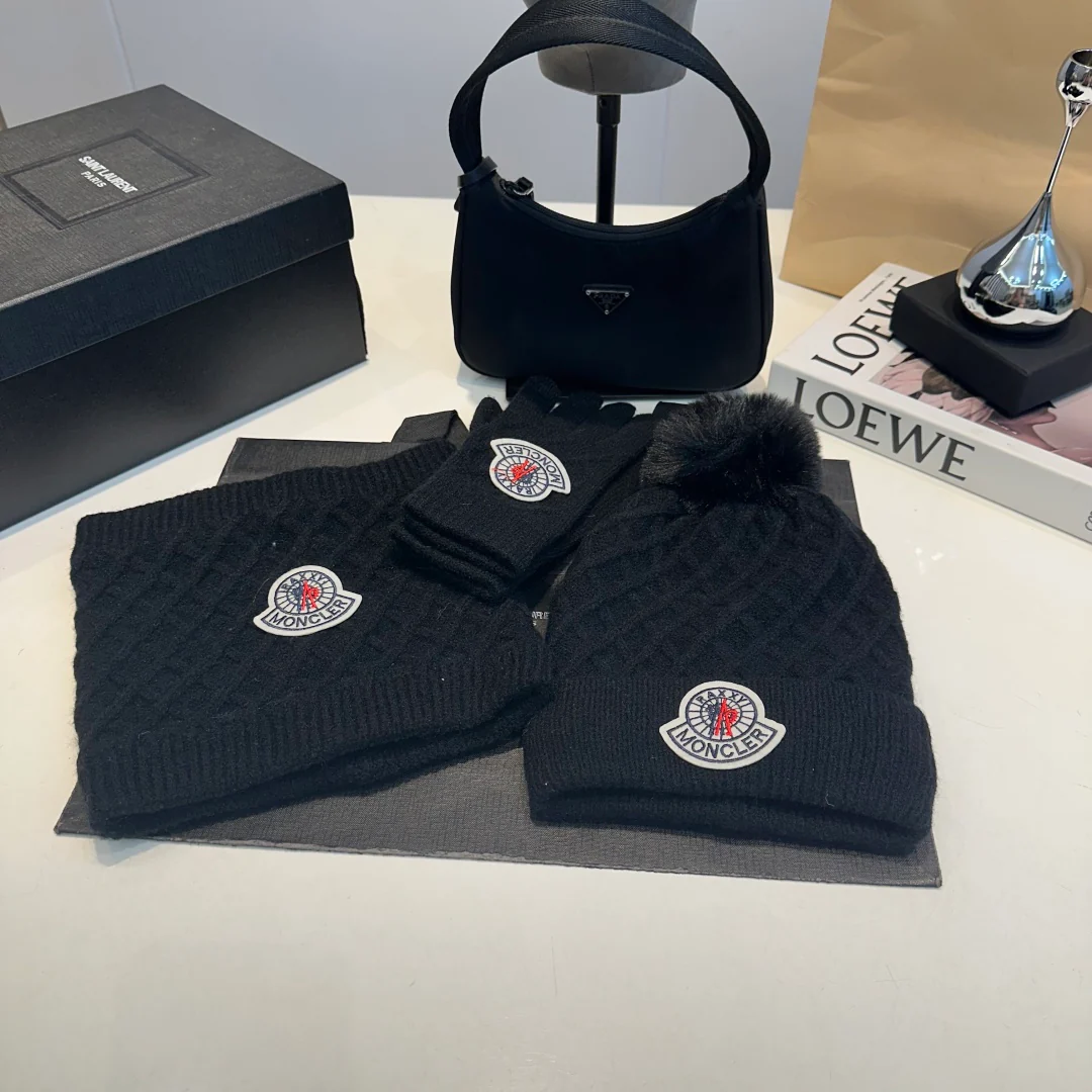 Embroidery knitted scarf hat gloves set