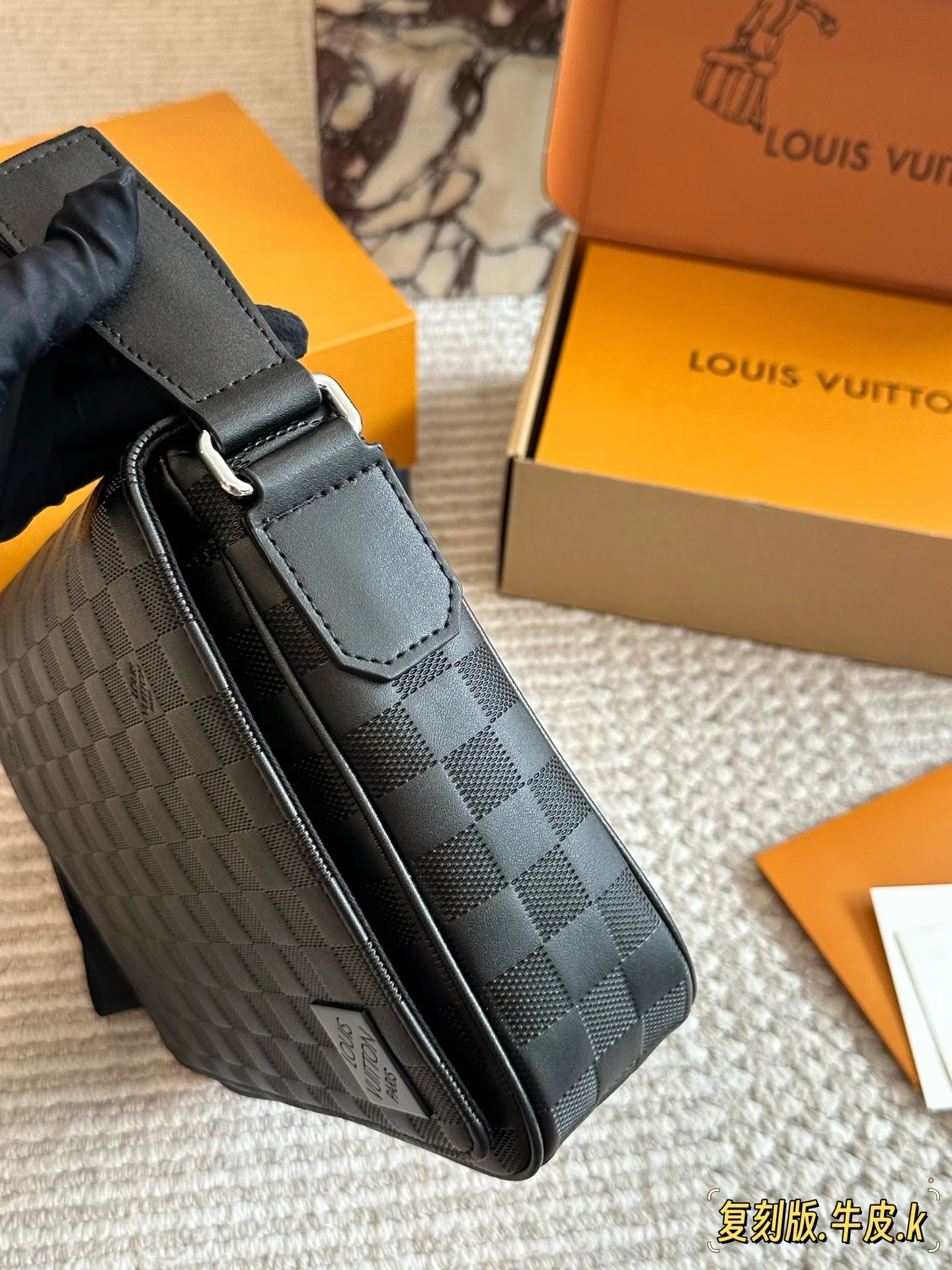 Men's Black Plaid Messenger Bag