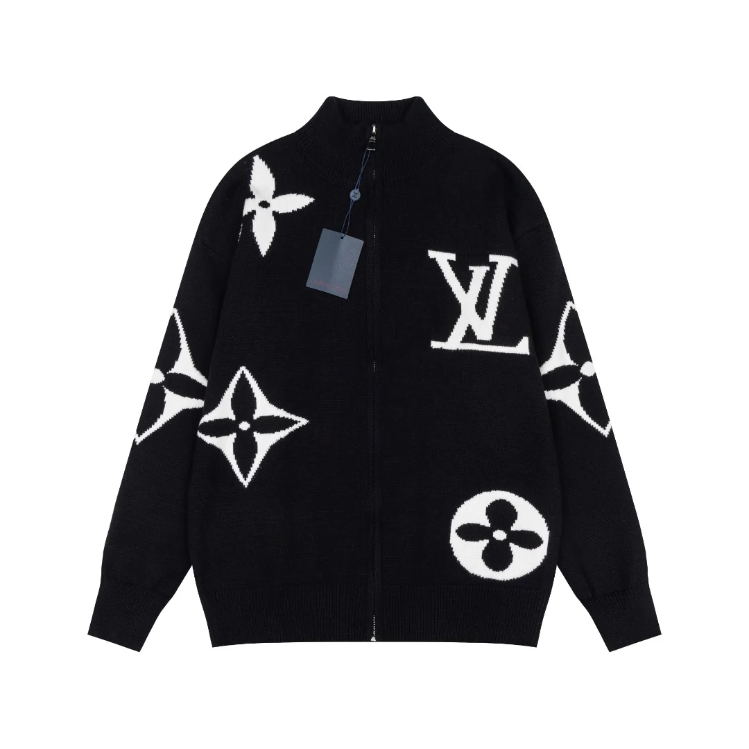 Jacquard zipper knitted sweater cardigan