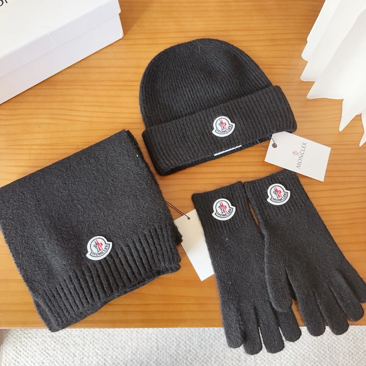 Embroidery knitted scarf hat gloves set