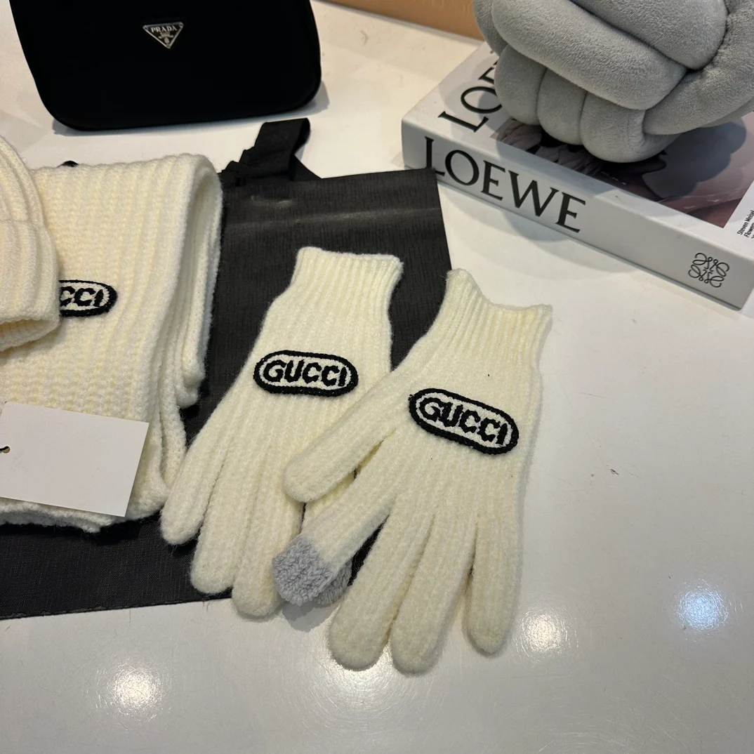 Embroidered knitted scarf hat gloves set