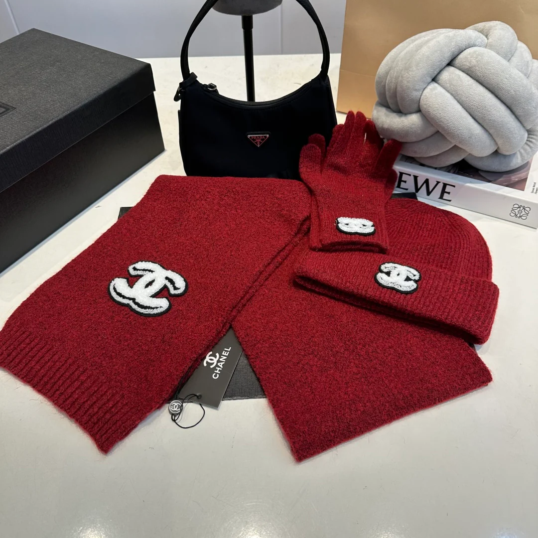 Embroidered knitted scarf hat gloves set