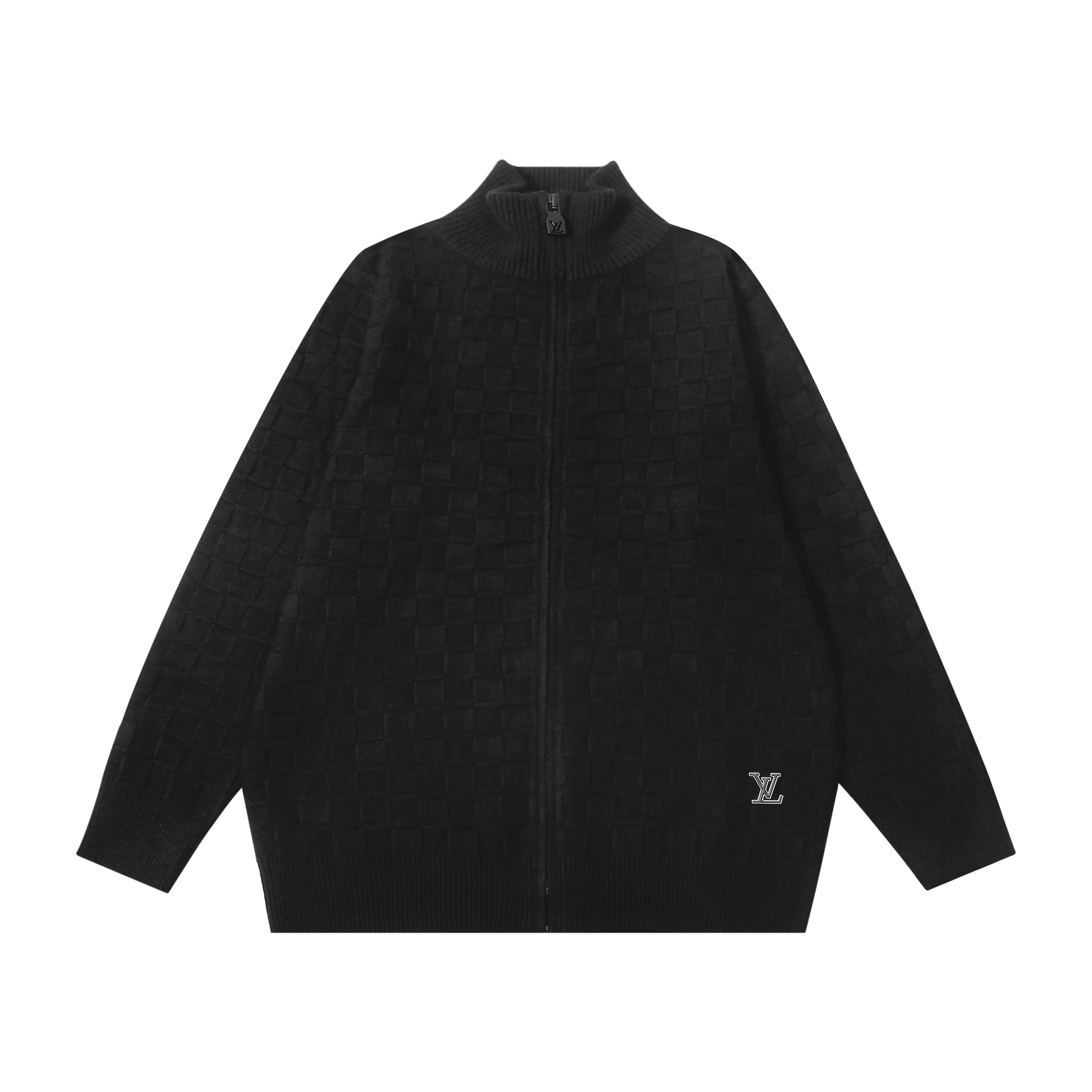 Checkerboard embossed zipper sweater