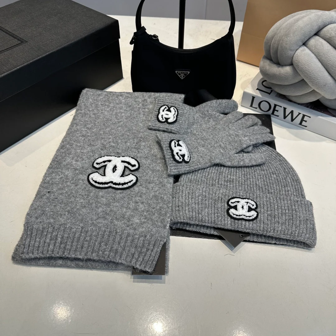 Embroidered knitted scarf hat gloves set