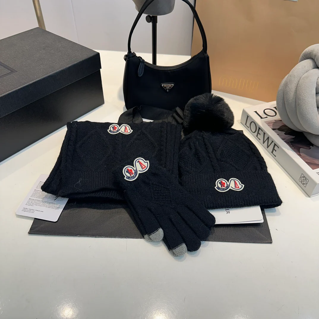 Embroidery knitted scarf hat gloves set