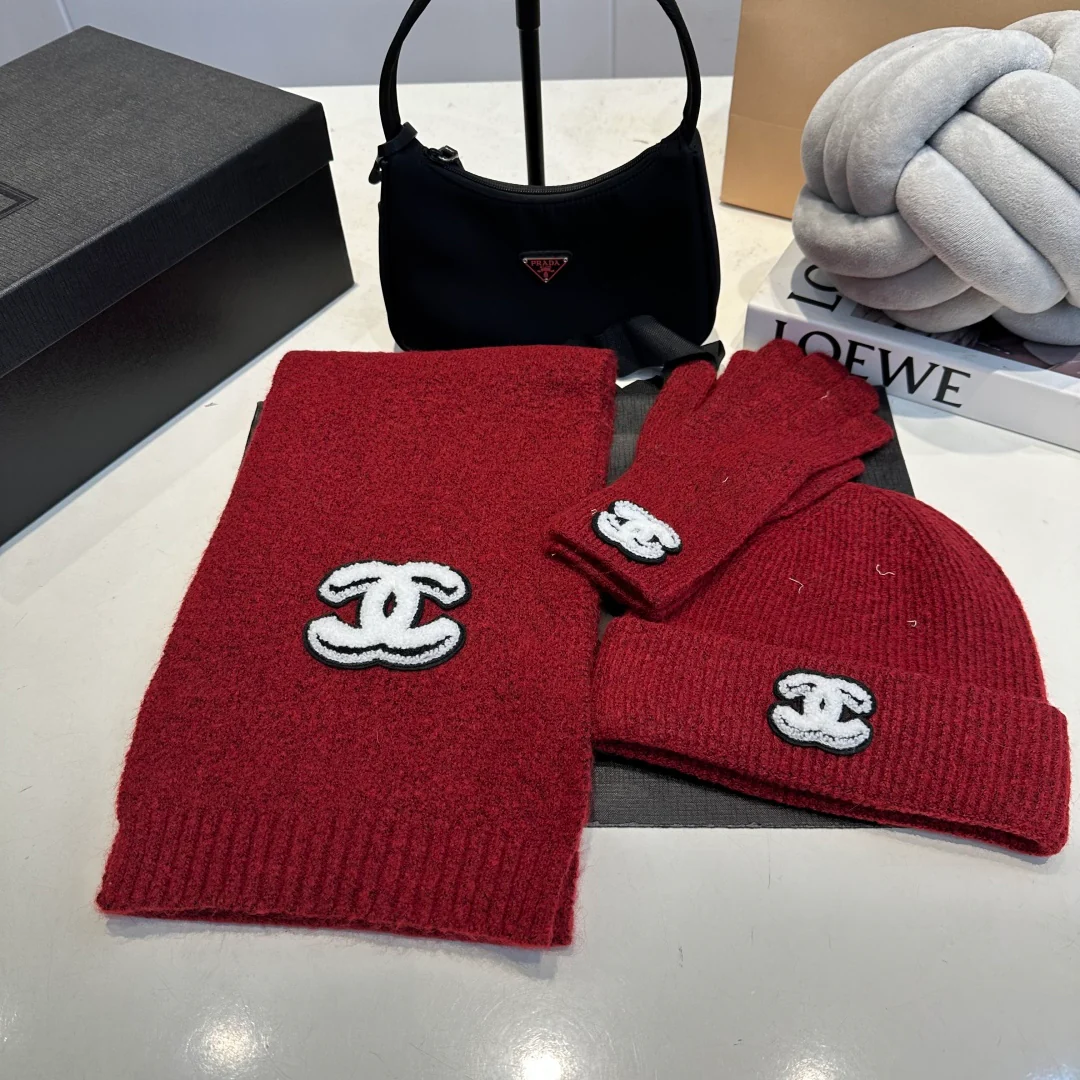Embroidered knitted scarf hat gloves set