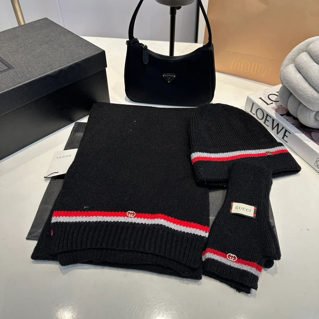 Embroidery knitted scarf hat gloves set