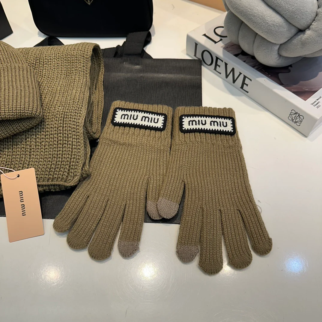 Embroidered knitted scarf hat gloves set