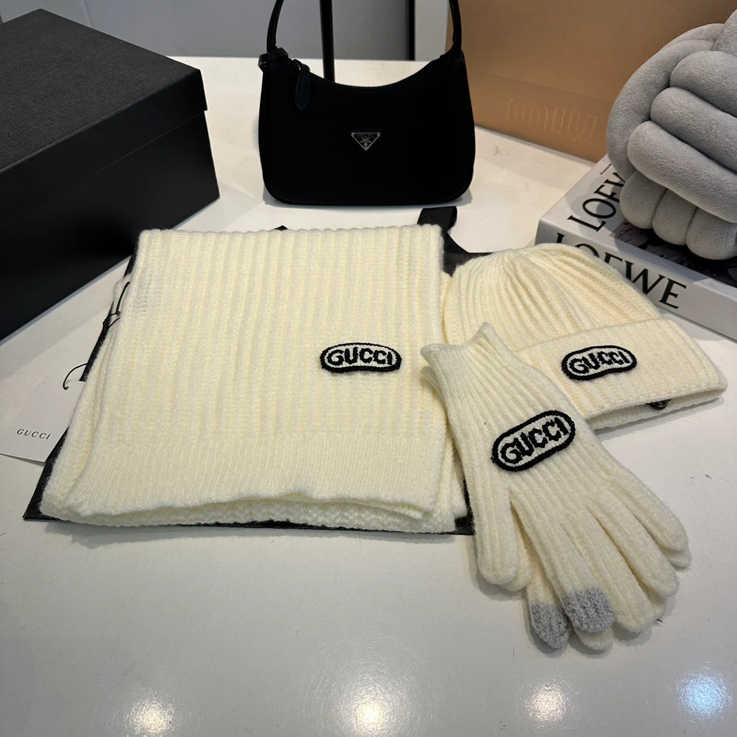 Embroidered knitted scarf hat gloves set