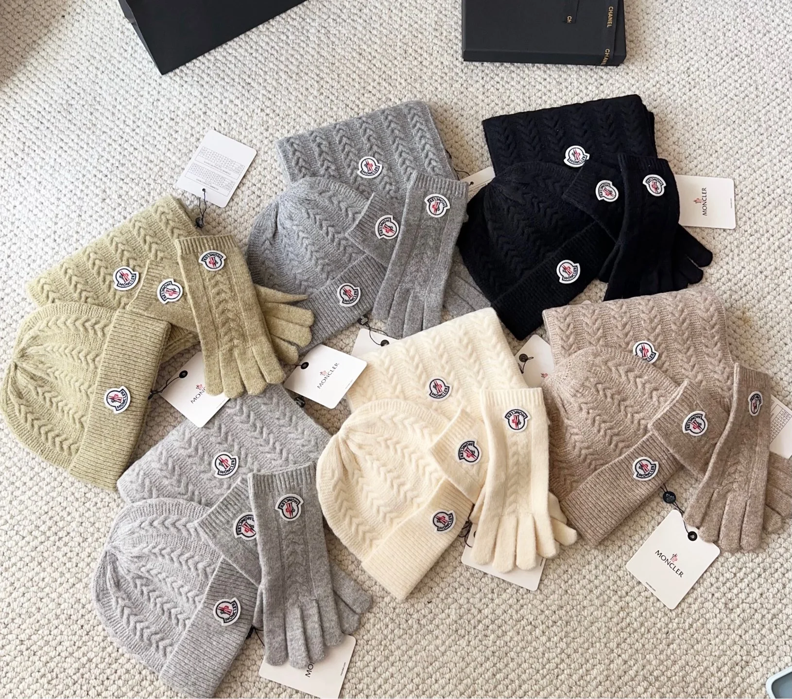 Embroidery knitted scarf hat gloves set