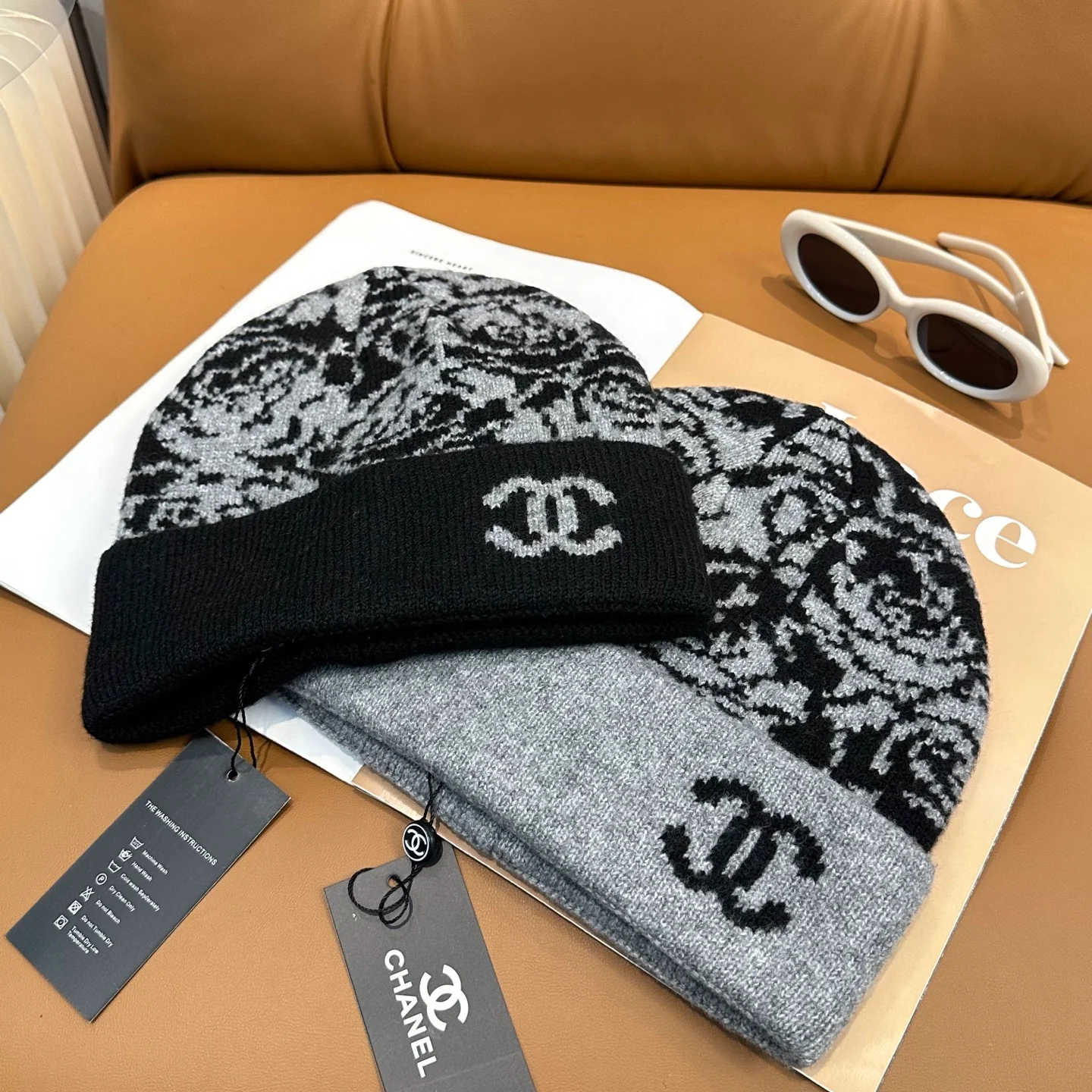 Camellia jacquard cashmere knitted  beanie