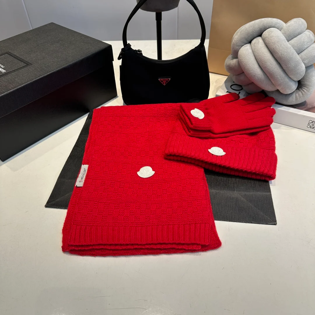 Embroidery knitted scarf hat gloves set