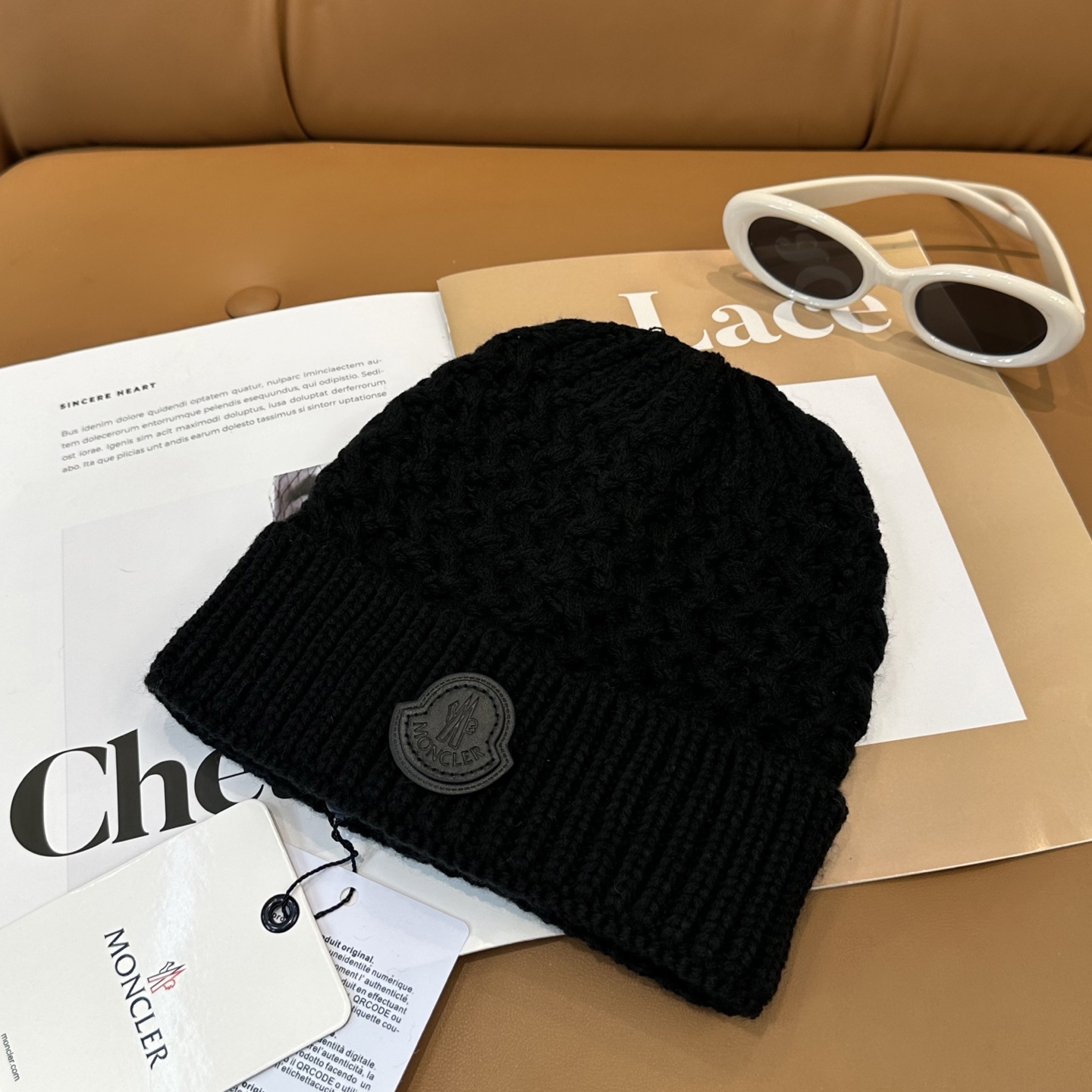 Leather patch cashmere knit beanie