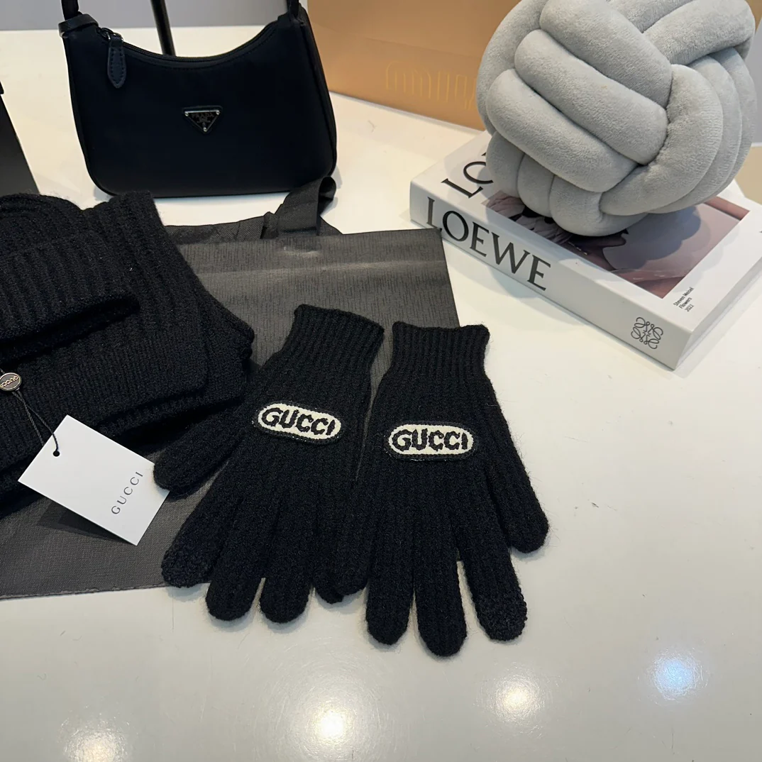 Embroidered knitted scarf hat gloves set