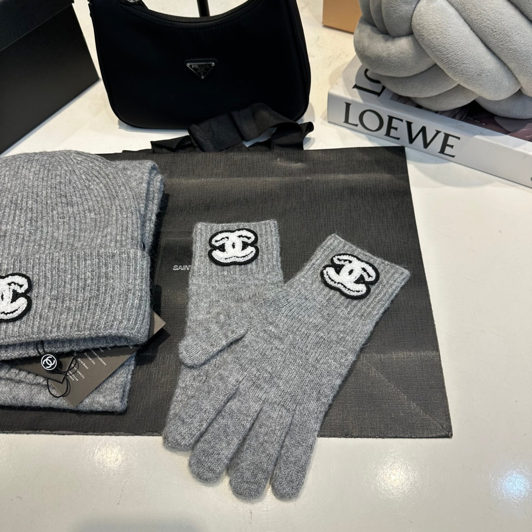 Embroidered knitted scarf hat gloves set