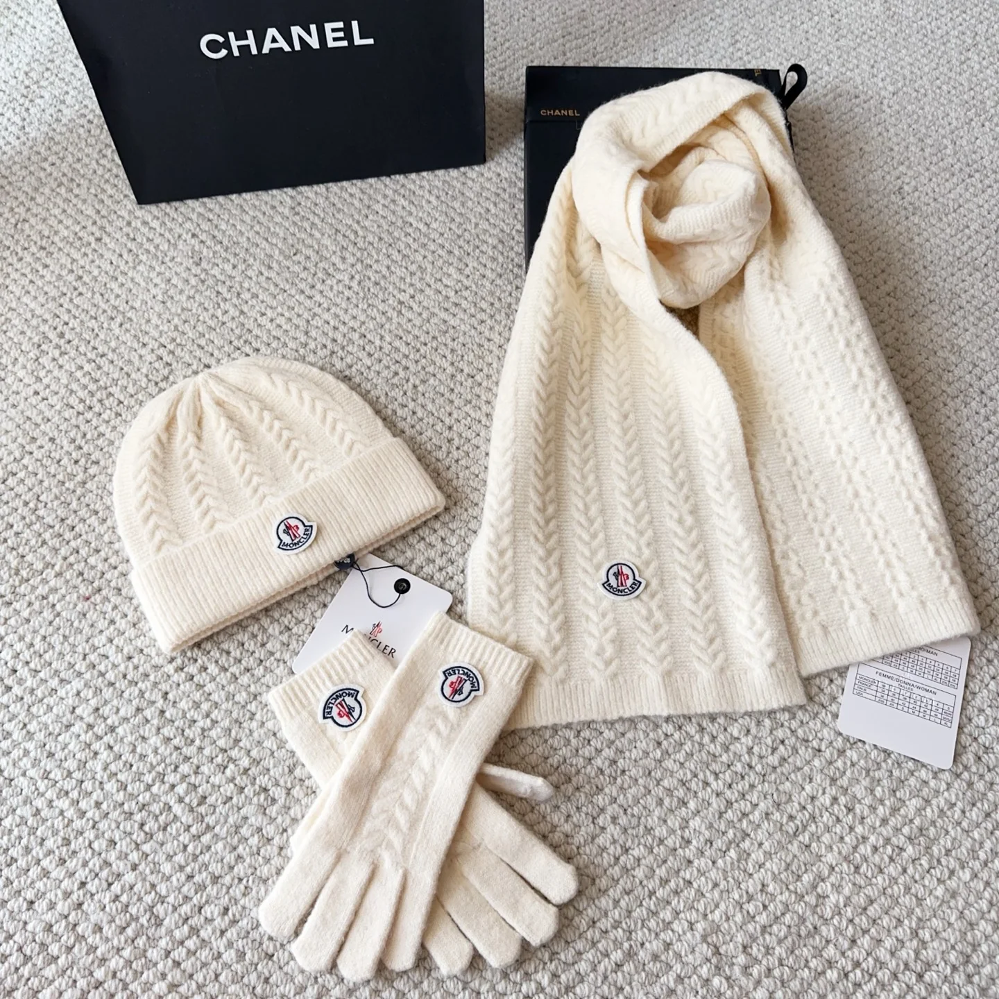 Embroidery knitted scarf hat gloves set