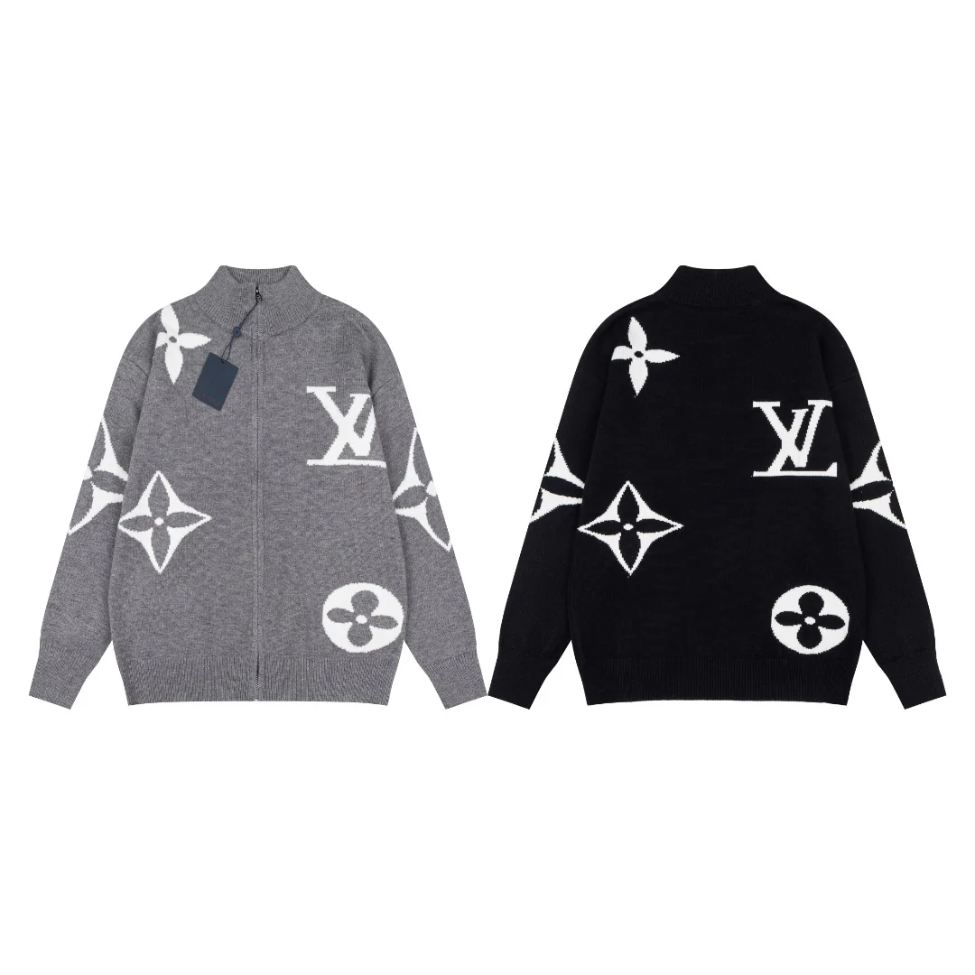 Jacquard zipper knitted sweater cardigan