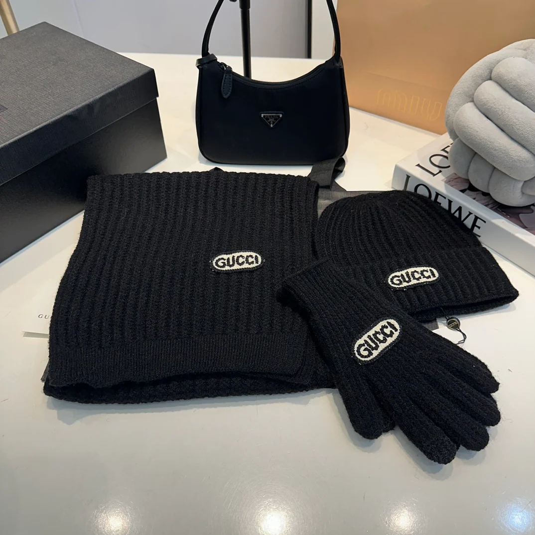 Embroidered knitted scarf hat gloves set