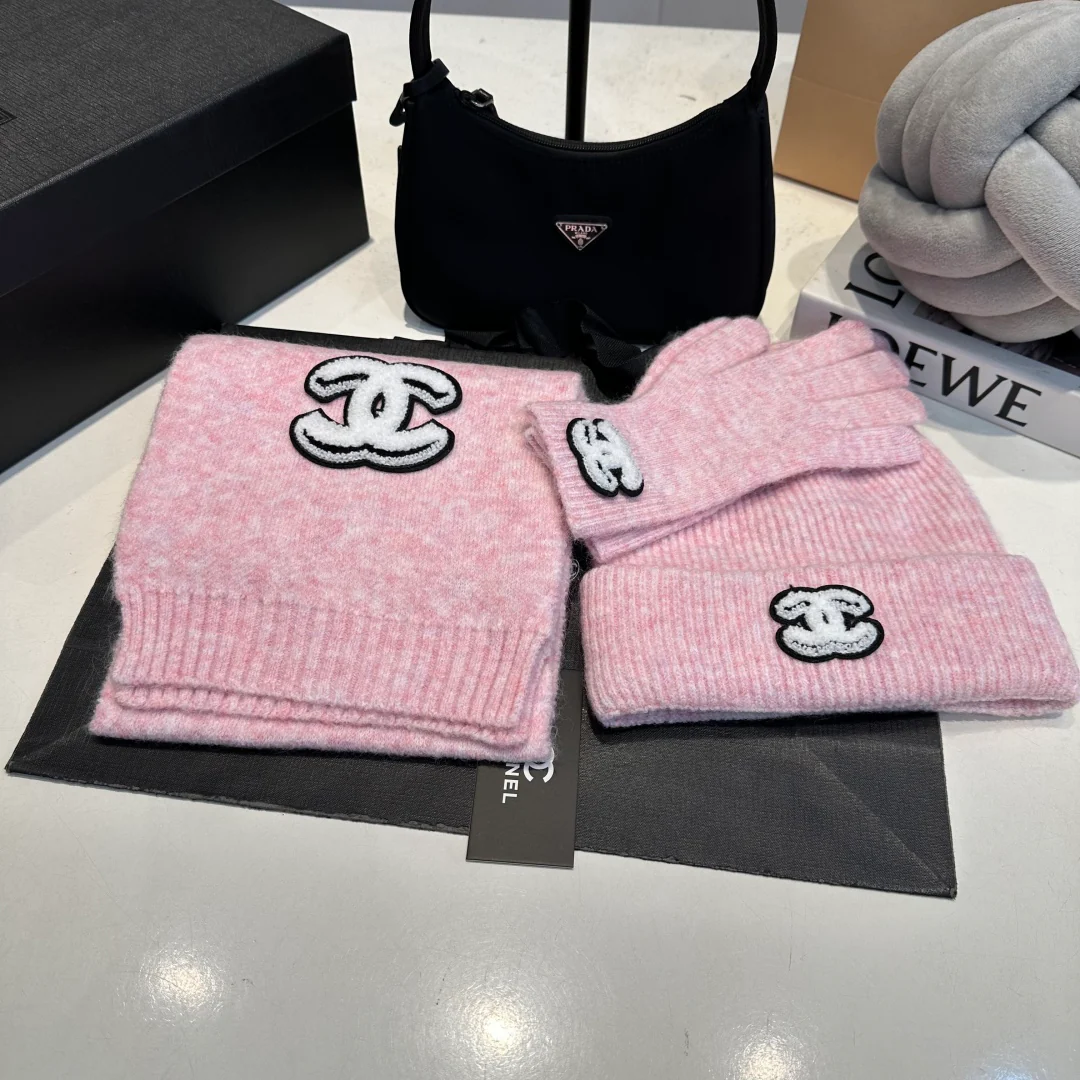 Embroidered knitted scarf hat gloves set