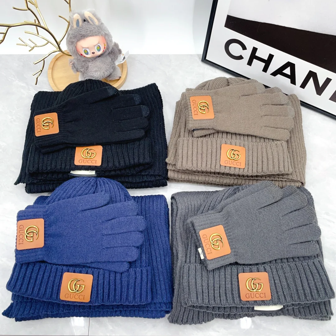 Metal Letters knitted scarf hat gloves set