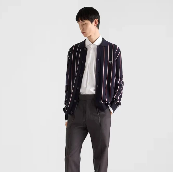 Striped knitted sweater lapel cardigan