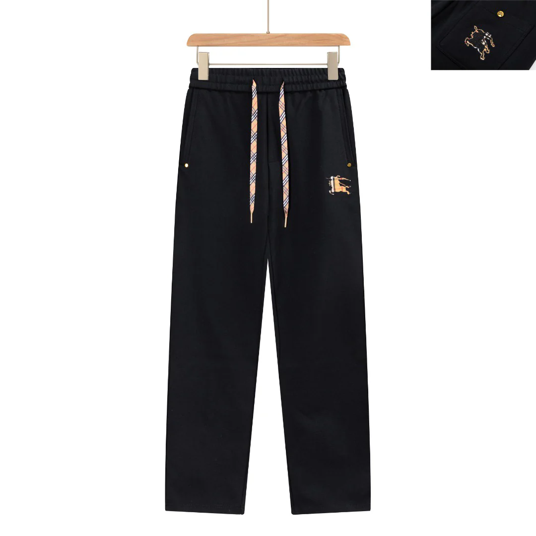 Embroidery plaid cotton drawstring trousers