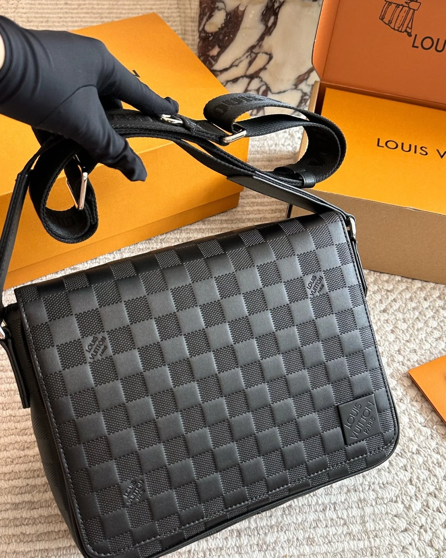 Men's Black Plaid Messenger Bag