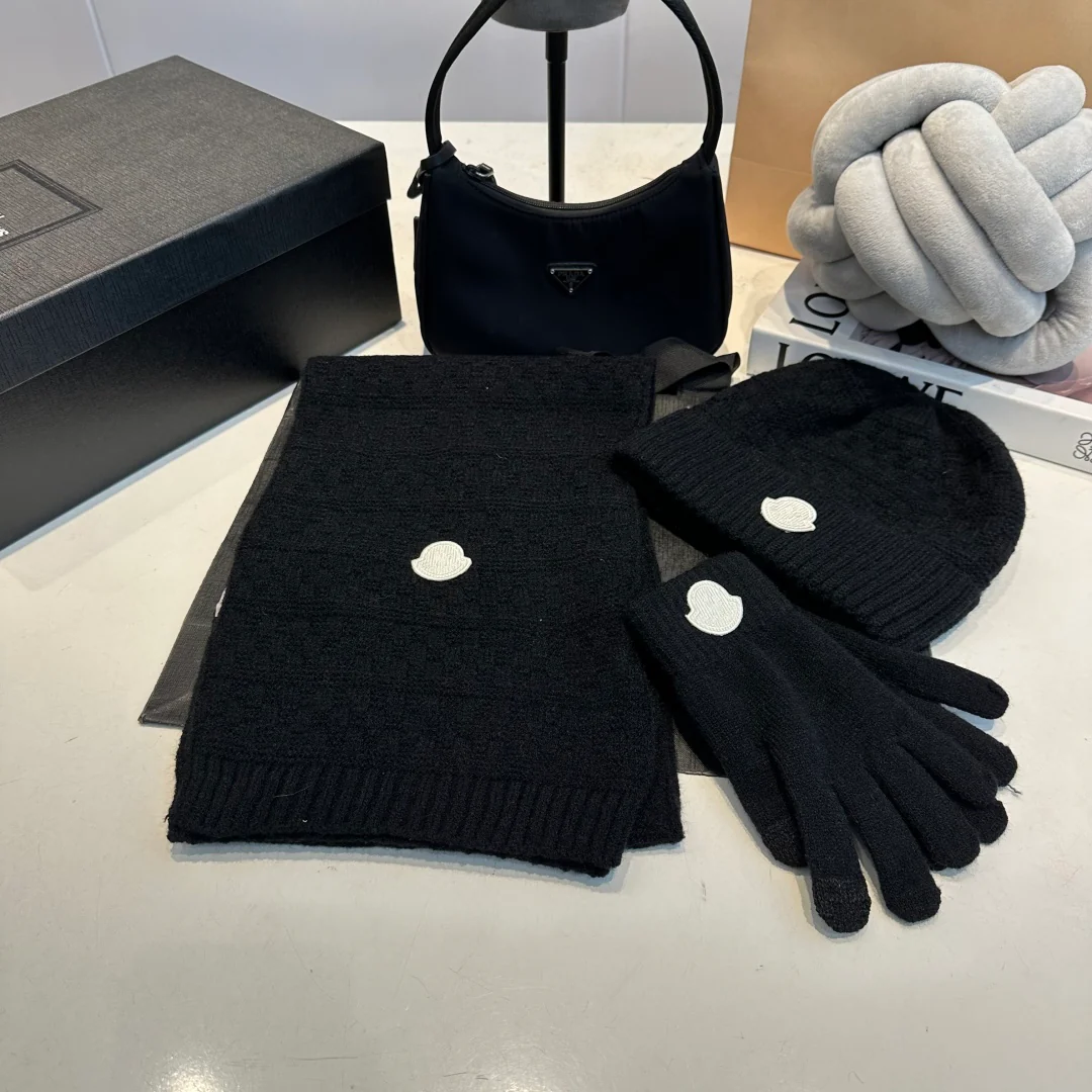 Embroidery knitted scarf hat gloves set