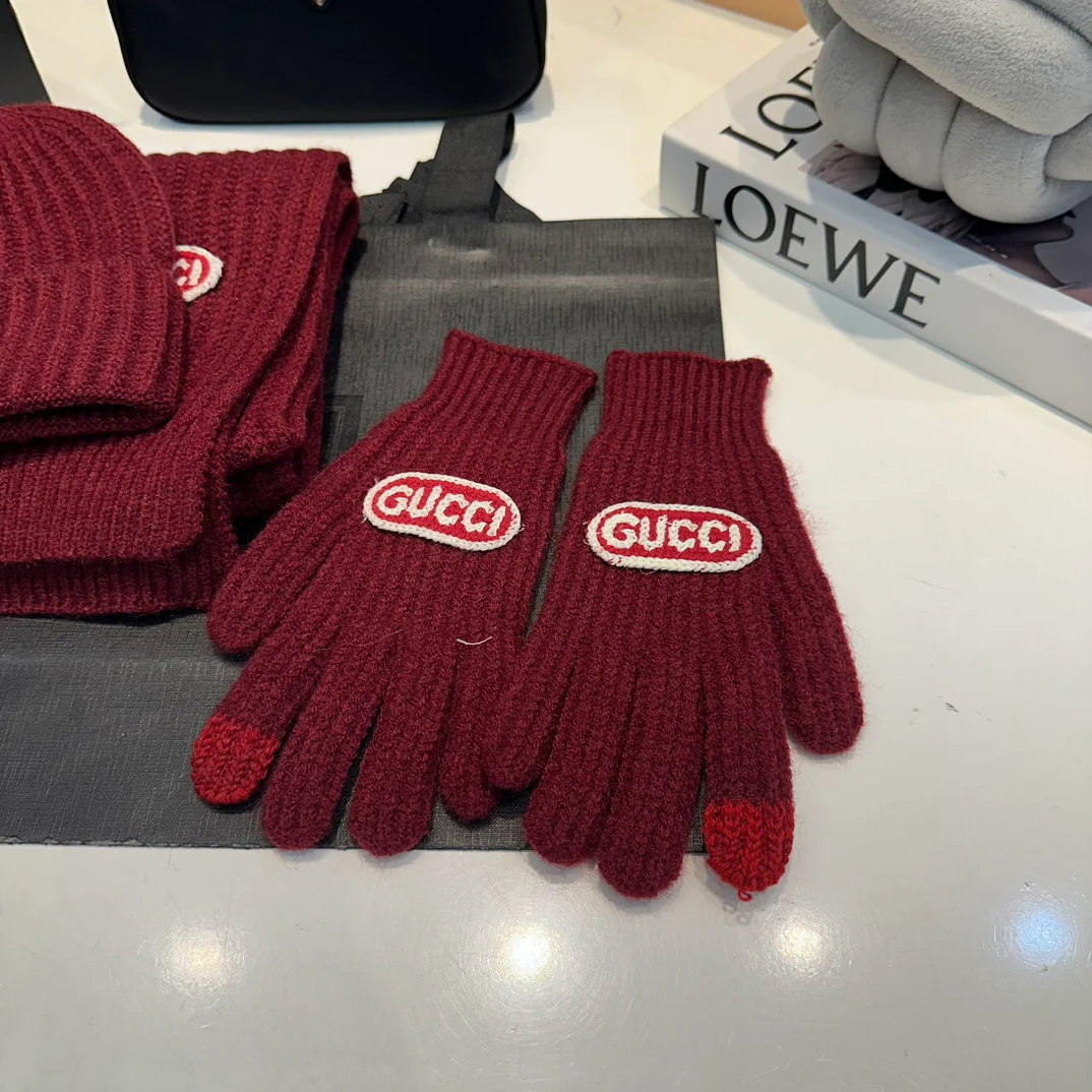 Embroidered knitted scarf hat gloves set