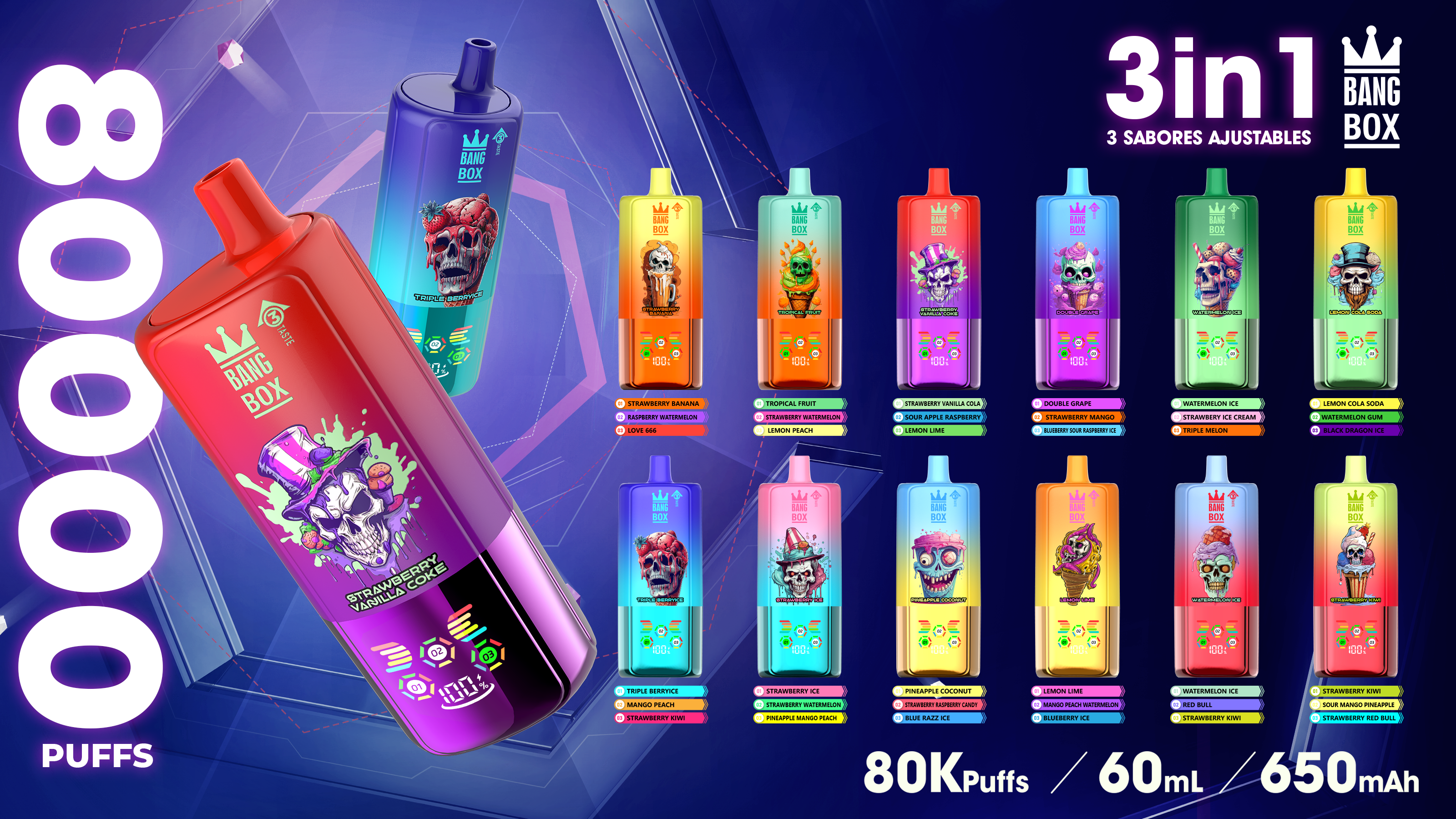 BANG BOX 80000 Puffs 3 in1 Flavor Disposable Vape - Strawberry Kiwi + Sour Mango Pineapple + Strawberry Red Bull