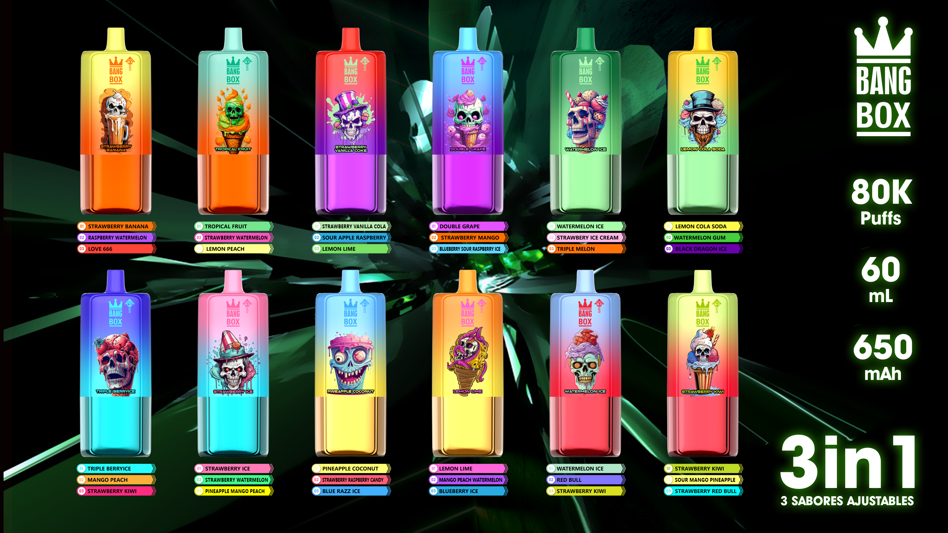 BANG BOX 80000 Puffs 3 in1 Flavor Disposable Vape - Strawberry Kiwi + Sour Mango Pineapple + Strawberry Red Bull