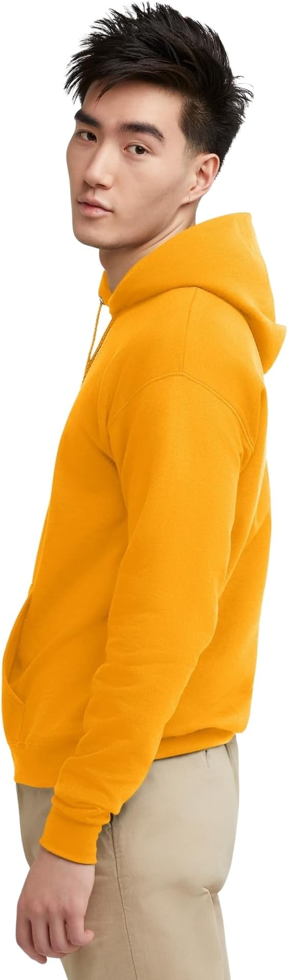 Men's hooded sweatshirt, medium-weight fleece fabric, pullover hoodie.