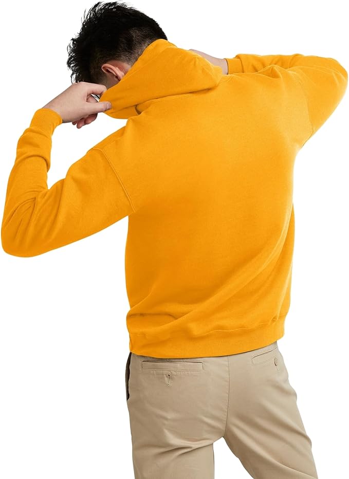 Men's hooded sweatshirt, medium-weight fleece fabric, pullover hoodie.