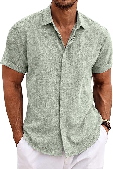 Men's linen short-sleeved shirt, a casual button-down shirt, suitable for beach vacations, summer wear, or wedding occasions.