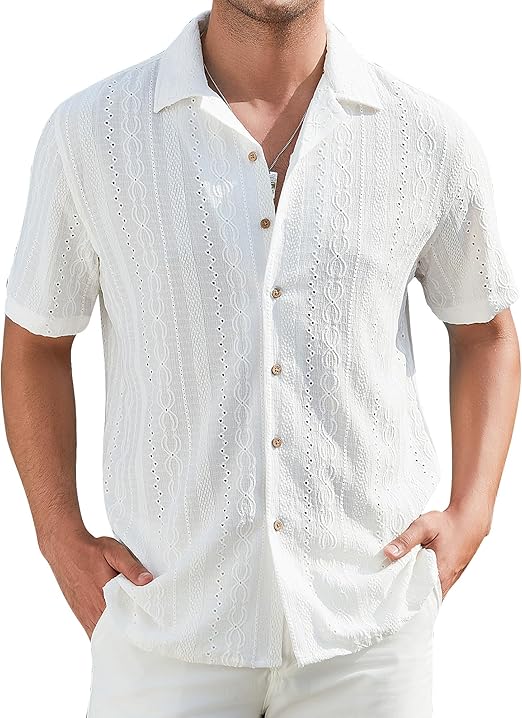 Men's casual button-down shirt, short-sleeved, stylish, perfect for vacation and the beach.