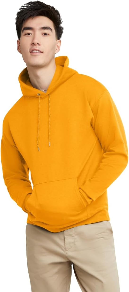 Men's hooded sweatshirt, medium-weight fleece fabric, pullover hoodie.