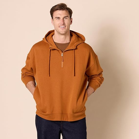 Men's quarter-zip loose-fitting hooded sweatshirt
