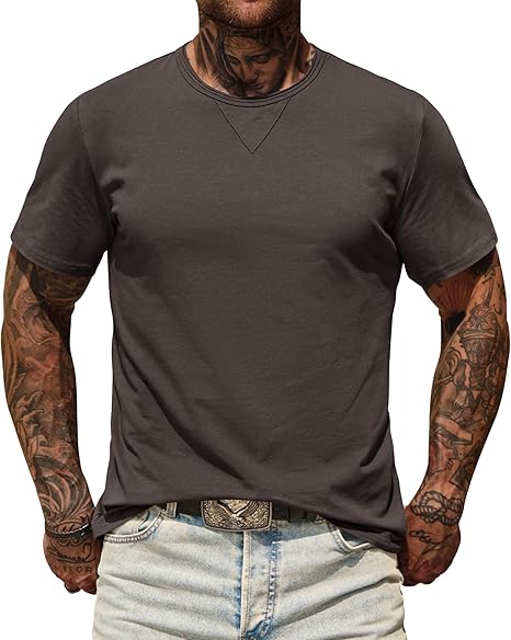Men's casual T-shirt, made of cotton stretch fabric, lightweight and breathable, with a round neck design, suitable for fitness and sports.