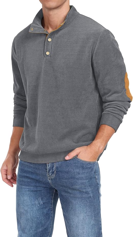 Mens Casual Corduroy Sweatshirt Long Sleeve Stand Collar 1/4 Button Up Pullover Fall Polo Sweaters