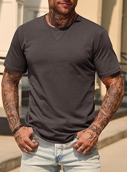 Men's casual T-shirt, made of cotton stretch fabric, lightweight and breathable, with a round neck design, suitable for fitness and sports.