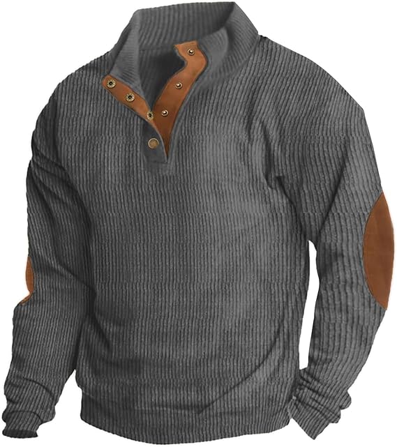 Mens Casual Corduroy Sweatshirt Long Sleeve Stand Collar 1/4 Button Up Pullover Fall Polo Sweaters