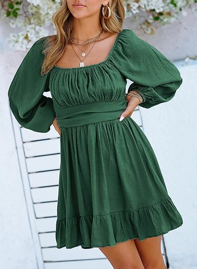 Women's dress, long lantern sleeves, square neckline, tie-waist, sexy backless dress, ruffled elastic waist, A-line mini dress