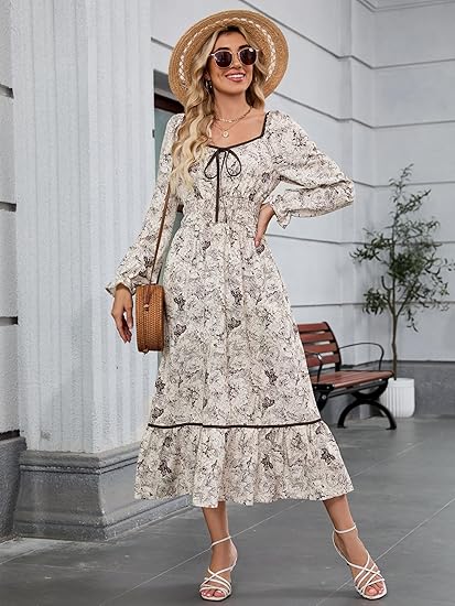 Women's 2025 New Long-Sleeved Square Neck Autumn Bohemian Style Floral Midi Dress, High-Waisted Flowy A-Line Layered Wedding Guest Dress