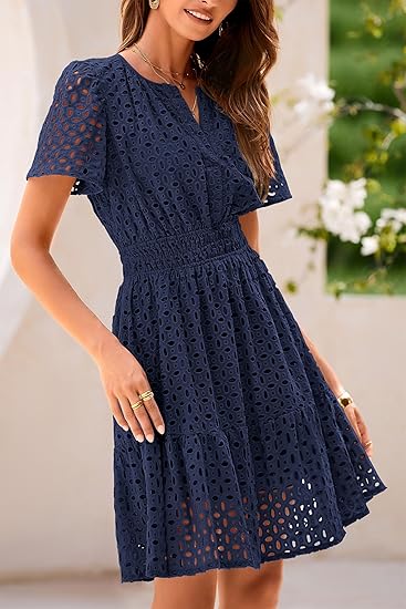 2025 Women's Summer Short Dress, V-neck, Short Sleeve, A-line, Hollowed-out Lace Ruffles, Cute Casual Beach Party Dress