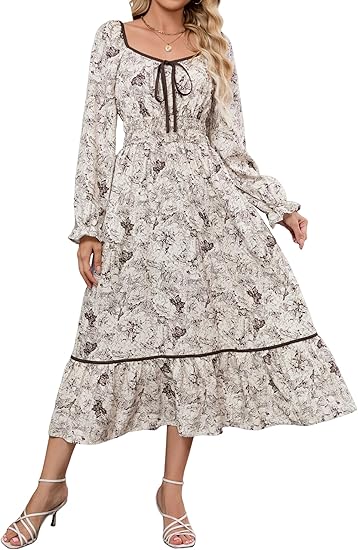 Women's 2025 New Long-Sleeved Square Neck Autumn Bohemian Style Floral Midi Dress, High-Waisted Flowy A-Line Layered Wedding Guest Dress