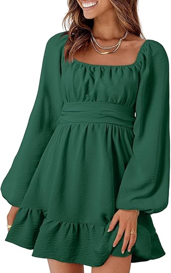 Women's dress, long lantern sleeves, square neckline, tie-waist, sexy backless dress, ruffled elastic waist, A-line mini dress