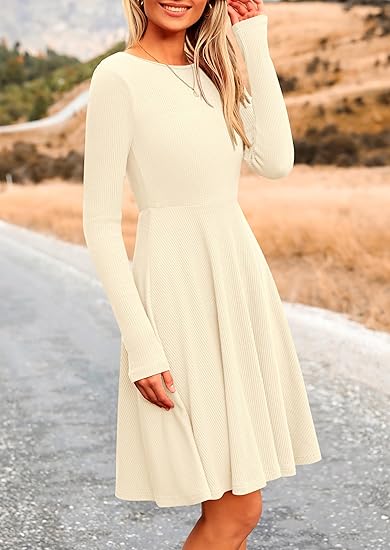 Women's Autumn Short Dress, Ribbed Knit Round Neck Long Sleeve A-line Flowy Casual Elegant Winter Dress