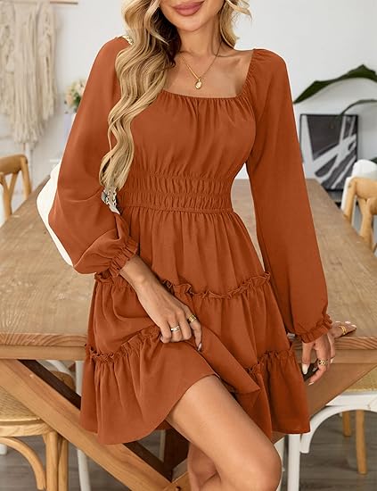 Women's square neck long-sleeved mini dress with layered ruffles and an A-line silhouette, featuring pockets.